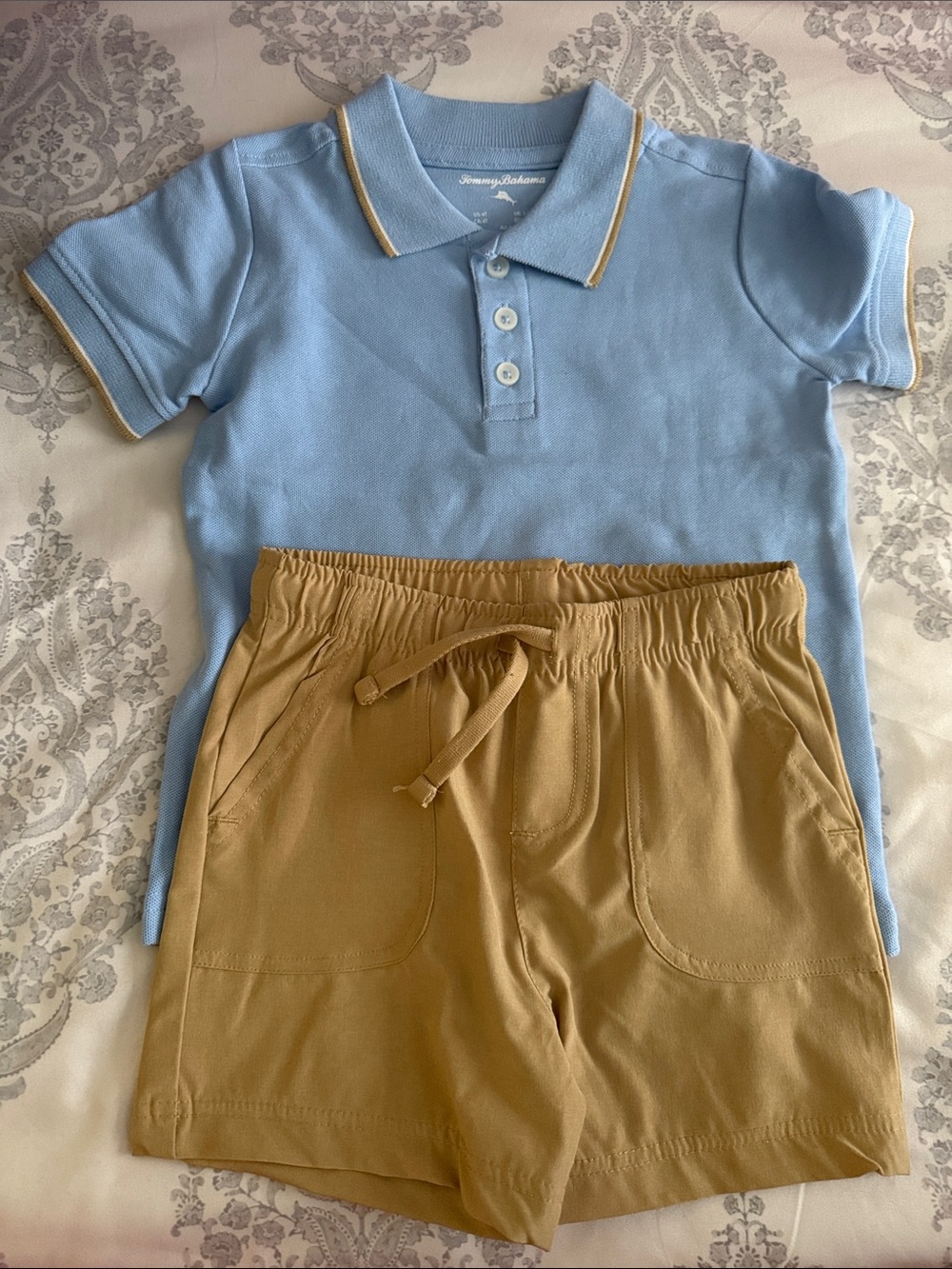 Tommy Bahama Kids Polo and Drawstring Shorts Set in Light Blue and Tan
